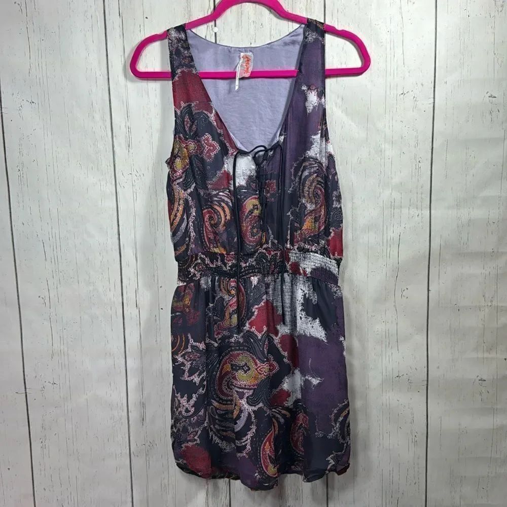 Free People Boho Paisley Mini Dress Lace Up Sleeveless Festival Indie Rero